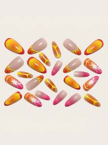 24 piezas de puntas de uñas medianas a largas, con contraste naranja y rosa, con relieve floral 3D, con vibra de verano fresca, estilo de burbujas de jugo, ropa de vacaciones de chica dulce de dopamina - Multicolor - Ver 5