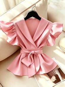 Elegant V-Neck Solid Color Ruffle Sleeve Tie Waist Shirt With Solid Color Crisscross Belt Summer - Dusty Pink - View 3