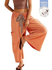 Casual    Knot  Pocket  Belted - Orange - View 1