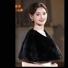 黑色優雅人造毛披肩圍巾，柔軟絨毛材質，適合冬季婚禮、正式派對禮服，新娘配件，時尚愛好者青睞的設計 - 黑色 - 查看 7