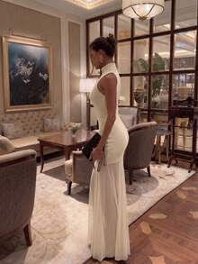 Solid Color Elegant Sheer Knit Dress For Women Wedding Party - Champagne - View 4