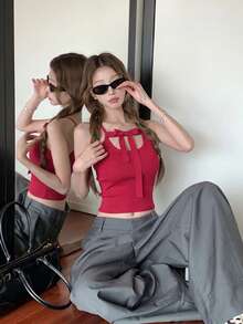 2026春夏新品：红色蝴蝶结针织上衣，甜美纯真的无袖衬衫，柔软面料，适合音乐节、派对和约会穿着。 - 紅色 - 查看 6