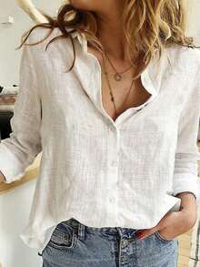 Women's Viscose Linen Shirt With Long Sleeves - White - View 2