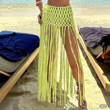 Beachapche Hand Crochet Tassel Skirts Women Fashion Side High Knitted  Beach Cover Ups - Quả cam - Xem 10