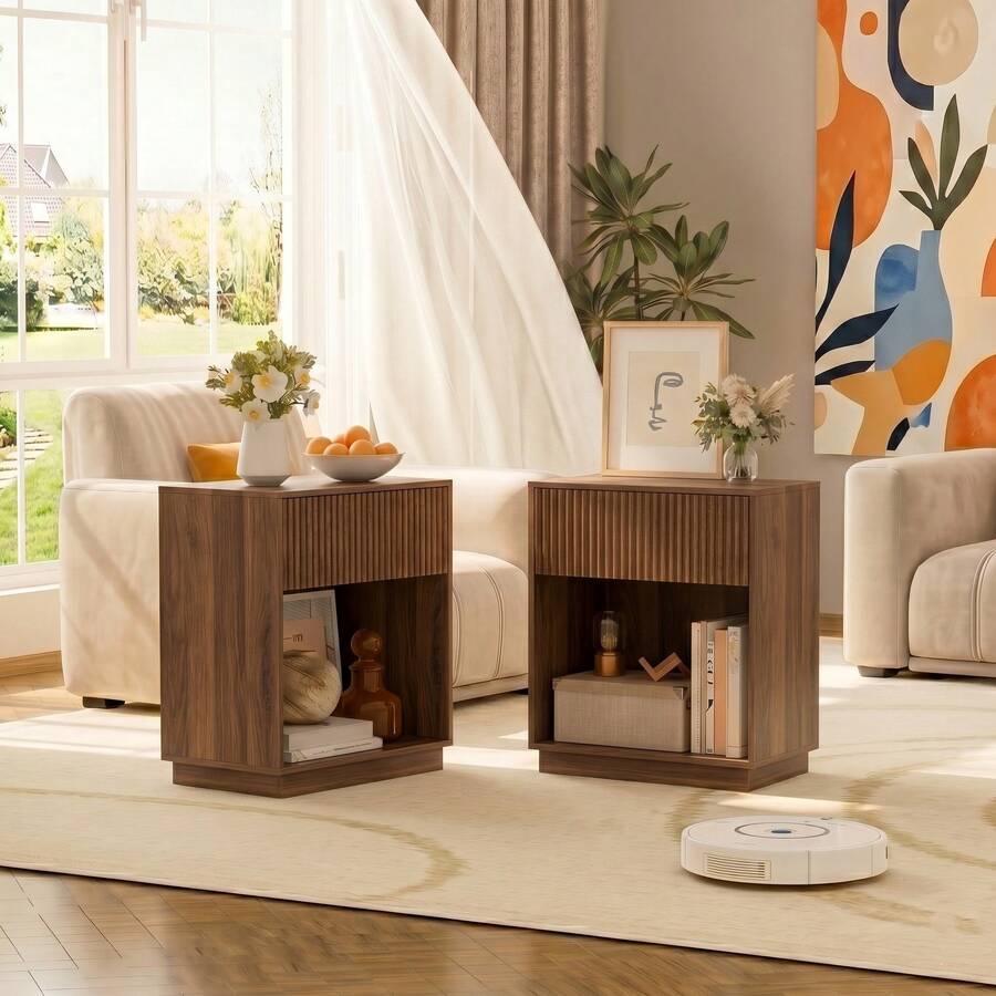 INNOD Fluted Nightstands Set Of 2, Modern Mid - Century Wood Bedside Table With Drawer & Open Storage Shelf, End Table For Bedroom, Living Room, Office, Sofa Side Couch Walnut - Walnut - 查看 1