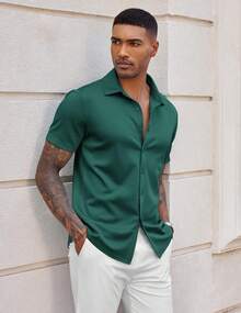 Men's Casual Non-Iron Shirt Short Sleeve Button Summer Stretch Formal Shirt - Hồ Xanh - Xem 3