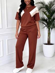 Bộ đồ nữ mùa xuân/hè mới gồm áo thun ngắn tay cổ tròn phối màu tương phản và quần ống rộng cạp chun, kiểu dáng thanh lịch, phù hợp mặc đi làm và ở nhà, giúp thon gọn và tôn dáng, thích hợp cho thể thao, hàng ngày, dạo phố, tập luyện, trang phục sân bay và du lịch thoải mái. - Nâu đỏ - Xem 6