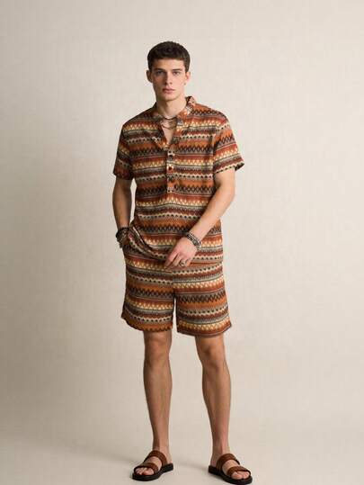 Voidago GOLDREDY Men's Fashion Classic Personalized Multi-Color Wavy Knit Elastic Half-Open Collar Contrast Button Drawstring Design, Suitable For Casual, Fashionable, Simple Outings, Commuting, Street Summer New Short Sleeve Two Pieces Beach Outfits