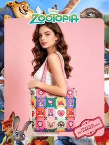 1 Pc Official Disney Licensed Zootopia Pattern Tote Bag, Large Capacity Reusable Shopping Bag,Lightweight Shoulder Bag, Cute Cartoon Handbag, Casual Tote,For Girls/Students/Teens/Youngster/Fans,For School, College, Commute, Grocery, Daily Use - Multicolor - View 1