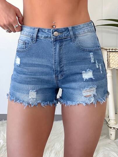 Quần short denim nữ kiểu dáng thường ngày, màu trơn, bạc màu, gấu quần rách, túi rách, độ co giãn vừa phải, thiết kế thoải mái, ống quần thẳng.