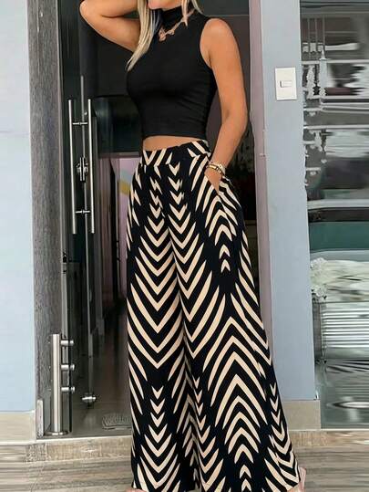 Women's Casual Vacation Style Ribbed Knit Mock Neck Top (Wavy Pattern) Paired With Wide Leg Woven Pants, 2 Pieces Set Summer