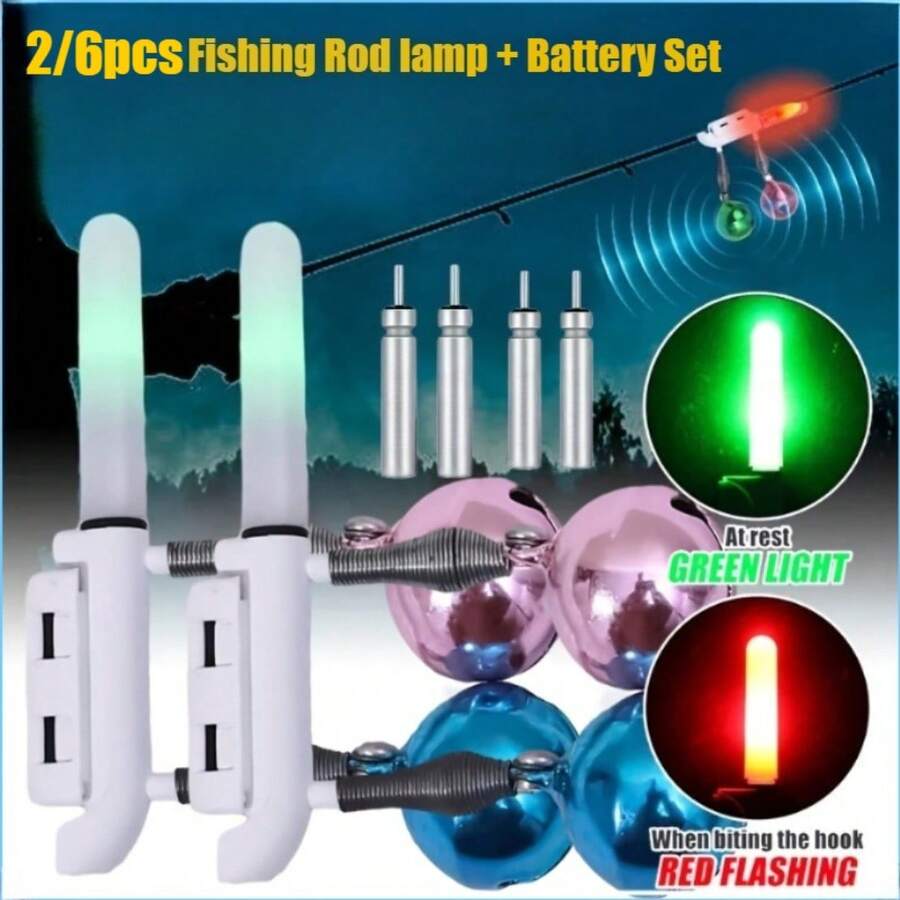 2/6pcs + Battery Set Night Fishing Warning Light Sticks, Fishing Bite Alarm With Battery, LED Fishing Alarm With Bell, Fishing Rod Light Bite Alarm With 2/6pcs CR425 Batteries - Multicolor - View 1