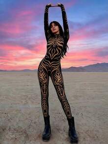 New Sexy Bodycon Round Neck Long Sleeve Contrast Color Jumpsuit For Women Black Spring Elegant - Black - View 2