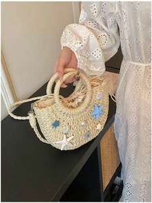 Straw Woven Beach Bag Starfish Shell Decor Round Handle Handbag Crossbody Vacation Tote Purse - White - View 3