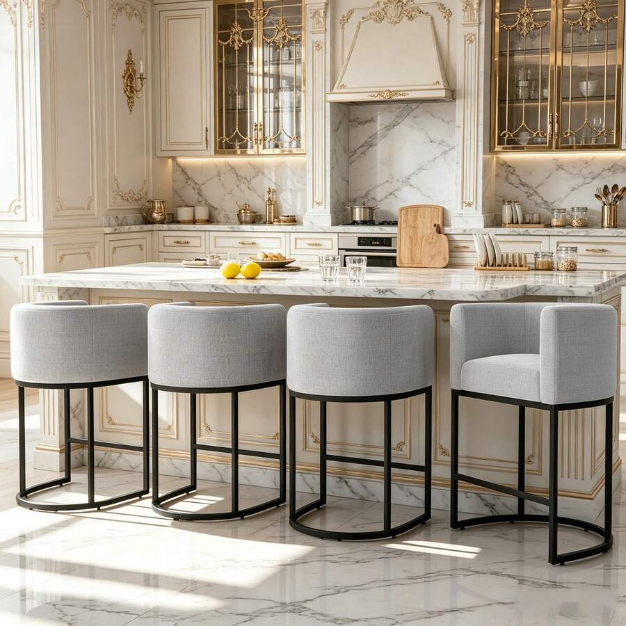 26" H Counter Height Bar Stools Set Of 1/2/3/4, Modern Upholstered Barrel Stools With Backrest And Armrests, Linen Fabric Kitchen Island Barstools With Sturdy Metal Frame, Support 450 LBS - 淺灰色 - 查看 1