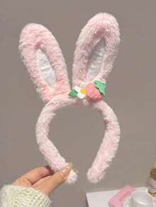 1/2 pièces Bandeau mignon à oreilles de lapin en peluche, bandeau de lavage du visage décoré de fraises, accessoire de cheveux polyvalent pour les adolescents - Multicolore - Voir 7