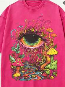 Summer Tops Men's  Eye And Mushroom Forest Pattern T-Shirt - Oversized Vintage Washed 100% Cotton T-Shirt, Vibrant 60s/70s Retro Print, Ultra-Soft And - 玫紅色 - 查看 4