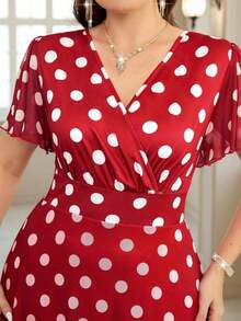 Reflora Vestido de mujer talla grande con base roja, lunares blancos y malla fruncida en la cintura, elegante atuendo romántico para el Día de San Valentín, primavera - Rojo - Ver 6