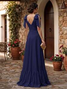 Women's V-Neck Backless Long Dress - Navy Blue - View 3