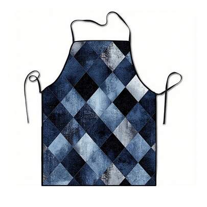 1pc Blue, Black & Silver Rhombus Plaid Pattern Apron - Suitable For Kitchen, Living Room, Dining Room, Hotel, Outdoor BBQ, Made Of 100% Polyester, Machine Washable & Hand Washable