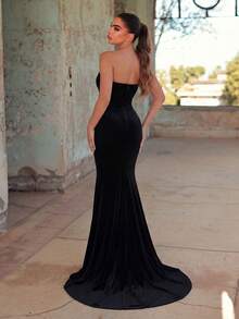 优雅黑色丝绒美人鱼长款礼服，无肩带钻石装饰长款正式派对礼服，适合舞会和盛大晚宴 - 黑色 - 查看 2