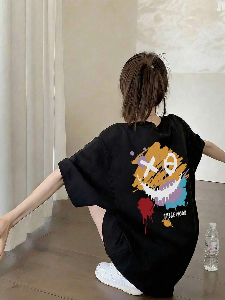 Vintage Short-Sleeved T-Shirt With Graffiti Print And Cartoon  Faces, White Summer Tops For Spring/Summer. - 黑色 - 查看 4