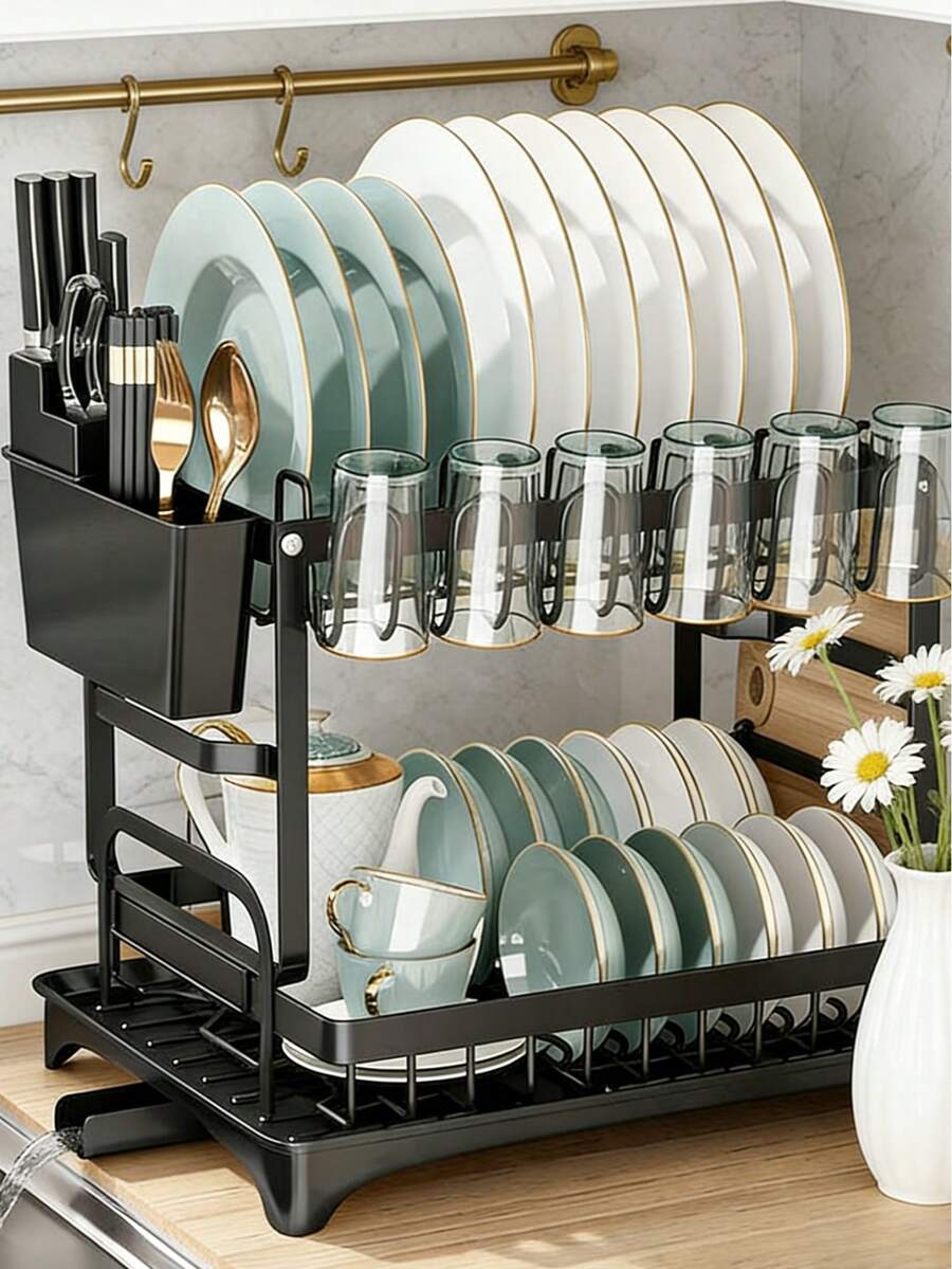 3-Layer Stainless Steel Dish Drying Rack Automatic Drainage Organziers Storage With Bowl/Bowls,Cup,Spoon,Chopsticks,Plate,For Kitchen Essentials|Kitchen|Home Décor|Kitchen Deccor,Escurridor De Platos Para Fregadero,Home Accesssories,Apartment Essentials,Party Supplies,Shoe Rack,Home Organaizer,Closet Organzation,Mothers Day Gift - 加厚款 - 查看 1