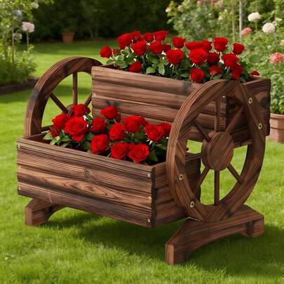 Wooden Wagon Planter Wooden Flower Cart With Wheels Outdoor Garden Planter, Decor Planter For Patio Balcony Decoration Succulent Flower Pot For Indoor Backyard Balcon Planters