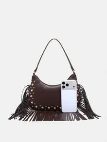 Novachic Rivet Decor 音乐节女士单肩包，流浪包，时尚，个性化，简约，百搭，街头风，甜美酷女孩，酷女孩，Y2K，复古，怀旧，流苏，西部，波西米亚，青少年，女士波西米亚风套装 - 咖啡 - 查看 5