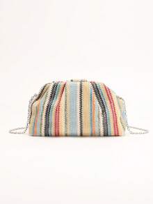 1 pieza Bolso de mano de paja tejida a rayas de colores, diseño de volantes a rayas arcoíris, bolso de playa casual de moda con correa para mujer (patrón a rayas cortado y distribuido al azar) - Multicolor - Ver 4
