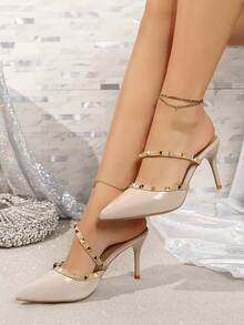 2026新款女士铆钉凉鞋，优雅高跟鞋，夏季正装鞋，时尚款式，女士高跟鞋，派对装，尖头高跟鞋 - 裸色 - 查看 10