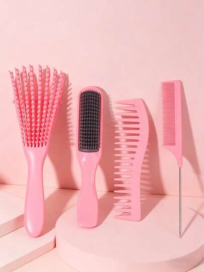 4件套粉色美发梳套装 - 包括顺发梳、宽齿梳、尖尾梳和造型梳，专业美发造型工具，适用于卷发/直发/湿发/干发，所有发质