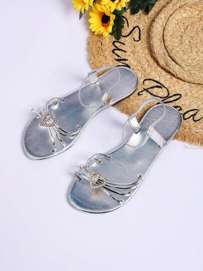 2026 New Silver Rhinestone Heart Sandals For Women, Flat Open Toe Roman Sandals With Transparent Strap, Fashionable Versatile Fairy Style, Soft Non-Slip Bottom