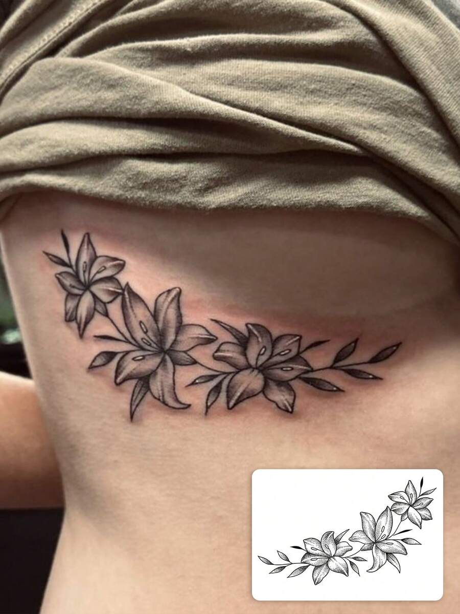 1张可水洗艺术写实百合藤蔓纹身贴纸，侧腰/腹部优雅线条纹身贴纸，简约线条画，可维持2-3天 - 黑色 - 查看 1