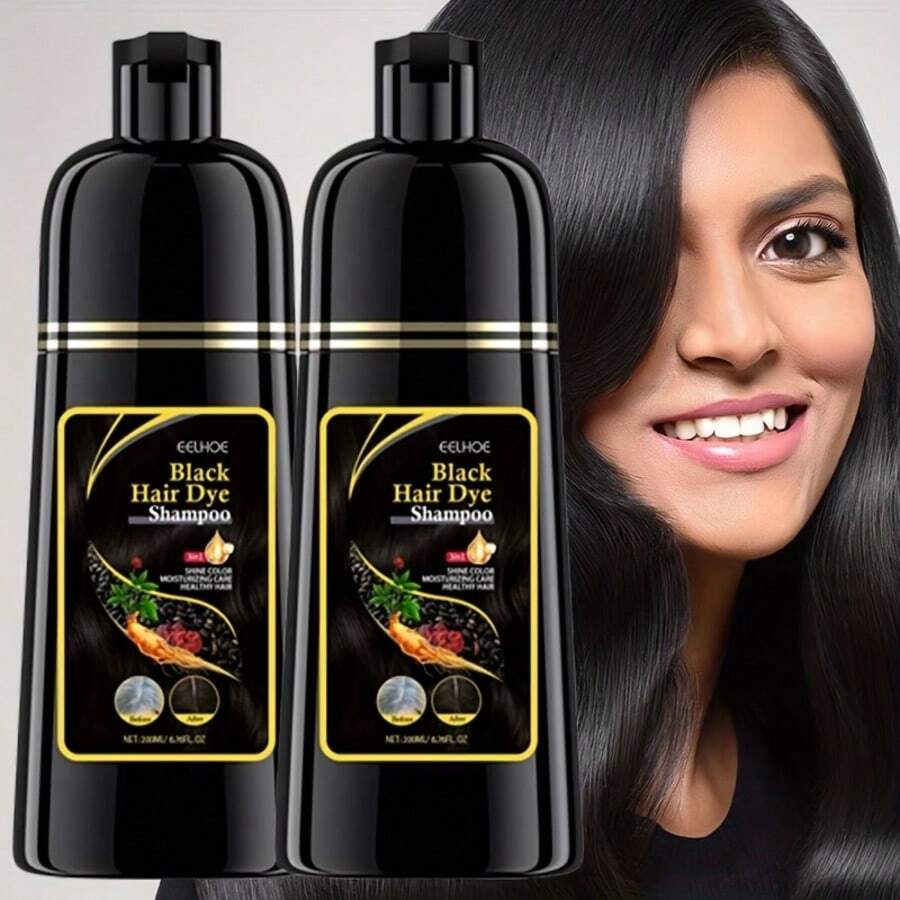 2pcs Natural Herbal Hair Dye Shampoo -- 3-In-1 Rapid Hair, Nourishing, Cleansing & Moisturising, Smoothing Black Hair Coloring Shampoo For Women Men - màu đen - Xem 1