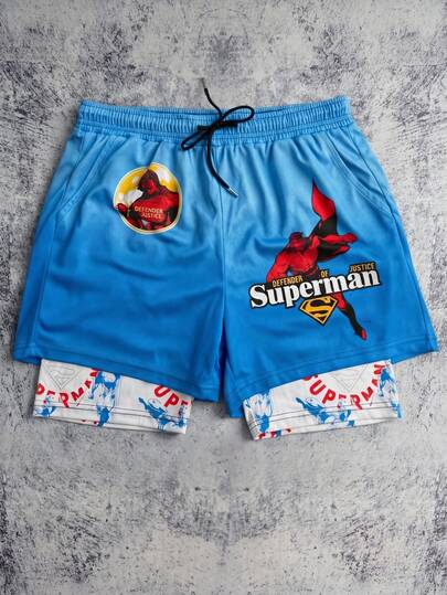 Men's Letter & Cartoon Print Drawstring Waist Casual Vacation Double-Layer Beach Shorts