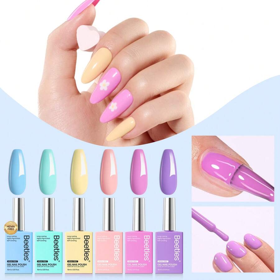 Beetles 15ML 6 Colors  HEMA-Free Pastel Gel Polish - Fairy Tale Dream, Pastel Yellow Pink Blue Purple, Colorful Bottle, Soak Off UV LED Manicure - Bộ sơn gel không chứa Hema, 6 màu, 15ml - Xem 1