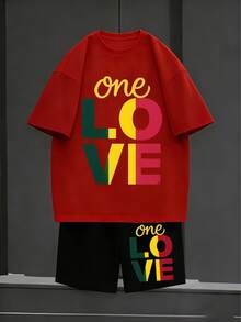Graphic Tees 2 Piece Set Men Camisetas Para Hombre, Reggae Inspired One Love Print Short Sleeve T-Shirt And Shorts Set, Soft Skin-Friendly Casual Wear For Daily Outings 100 Percent Cotton Graphic Tees Funny Graphic Tees Graphic Shirts Conjuntos Para Hombre Mens 2 Piece Outfits Summer Outfits For Men Conjunto De Hombre - Quần short đỏ + đen - Xem 2