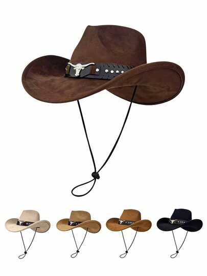 1顶男女通用纯色麂皮绒材质热销牛头皮带装饰牛仔帽，新款复古赛博朋克波西米亚风个性时尚酷炫新颖趣味可调节宽檐绳帽，街头时尚造型，男士礼物，适合派对、西部主题活动、聚会、角色扮演、毕业典礼、化装舞会、节日、生日庆典、音乐节、旅行和徒步等场合。