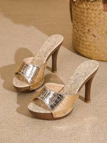 Giày sandal cao gót đế xuồng cho nữ, kiểu dáng gợi cảm, đính nơ và đinh tán, thích hợp cho các bữa tiệc. - Vàng họa tiết da cá sấu - Xem 6