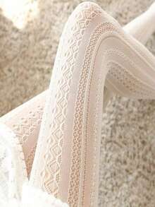 1 đôi quần tất ren trắng khoét lỗ dành cho nữ, kiểu Lolita Nhật Bản, tất dệt jacquard dọc ngọt ngào, thích hợp để mặc hàng ngày. - trắng - Xem 6