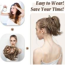 2 Piezas Extensión de Moño de Pelo Rizado Desordenado, Chongos Postizos de Cabello, Postizo de Cabello Natural, Extensiones de Cabello Natural, Moños de Pelo Rizado con Ondas Elásticas, Sintético, Ondulado Moño Desordenado, Pelucas para Mujer Cabello, de Coleta Moño Para Mujeres y Niñas (Marrón) - Marrón - Ver 6