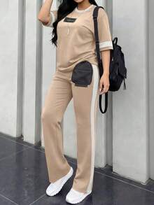 Women's New Round Neck Short Sleeve T-Shirt And Elastic Waist Loose Pants 2 Pieces Set, Casual Daily Wear, Spring/Autumn Summer - Apricot 117 - View 6