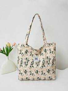 Cherry Print Simple Bucket Large Shoulder Tote Bag Student Girl Shoulder School Bag - Beige - View 2