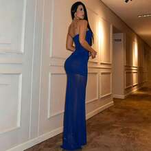 Women's Fashionable Elegant Sexy Strapless Mesh Patchwork Sheer Dress, Summer - Royal Blue - View 4