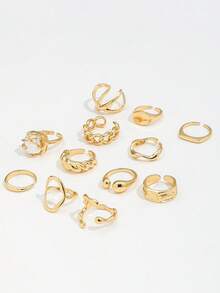 12pcs Asymmetrical Pearl Fashion Rings Set, Suitable For Women's Daily Wear, Dates, Parties, Great Gift For Girlfriend - Gold - View 3