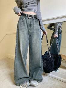 女士口袋宽松阔腿休闲牛仔裤 春季款 - 淺色水洗藍 - 查看 5