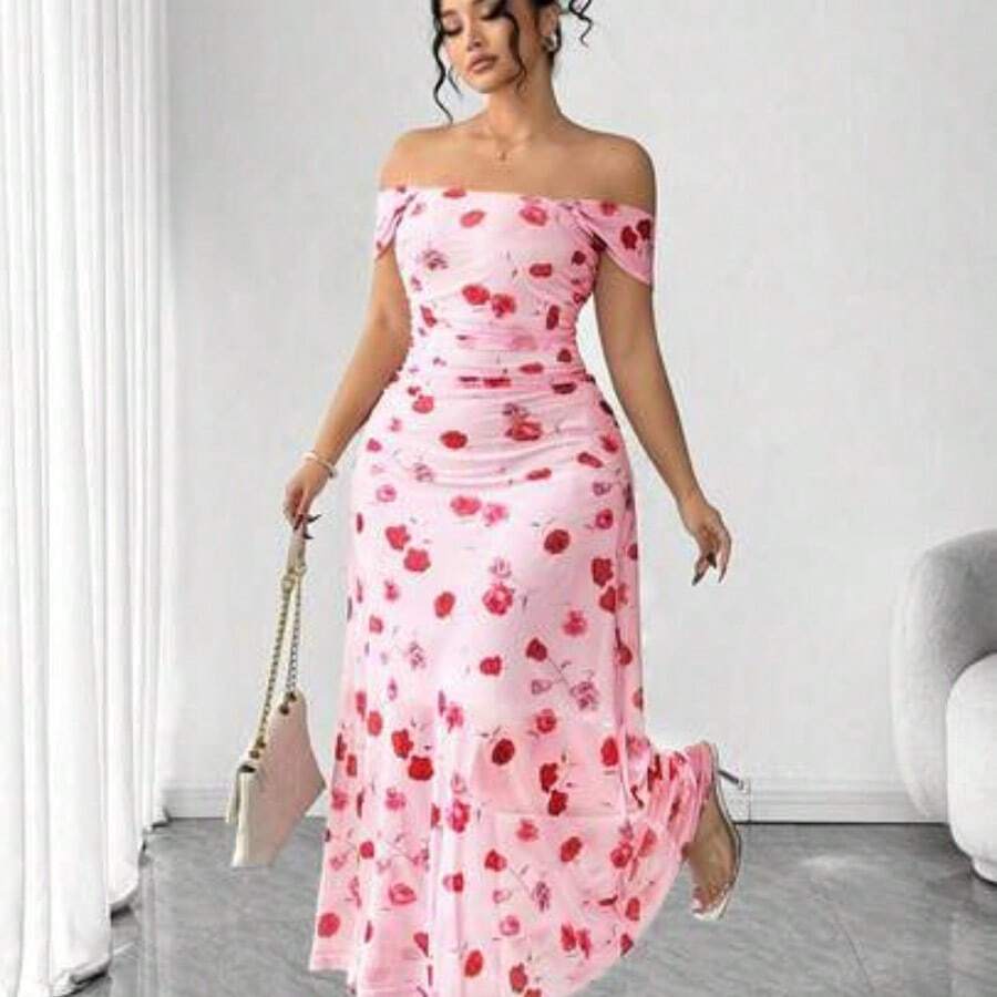 Cravure Plus Size Women's French Romantic Pink Rose Print Off-Shoulder Dress, Plus Size Cinched Waist Pleated Mesh Dress, Gentle Elegant Fitted Slimming Spaghetti Strap Dress 1XL, Suitable For Commute, Date, Vacation, Fairy Dress - Rosa - Ver 1