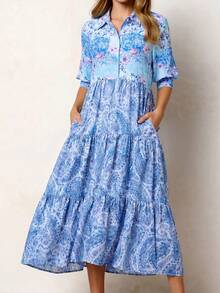 女士优雅黄色印花短袖A字长裙，女士翻领单排扣中袖衬衫裙，带口袋，多层设计，休闲波西米亚复古风，优雅正式派对礼服，女士约会礼服，女士夜店礼服，女士夏季连衣裙，蜜月套装，女士婚礼宾客礼服，海岛度假套装，女士婚礼宾客礼服，女士阳光连衣裙，优雅派对礼服，女士生日礼服 - 藍色 - 查看 3