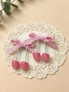 2个装女童春季清新粉色樱桃吊坠流苏蝴蝶结发夹，适合日常佩戴 - 彩色 - 查看 4